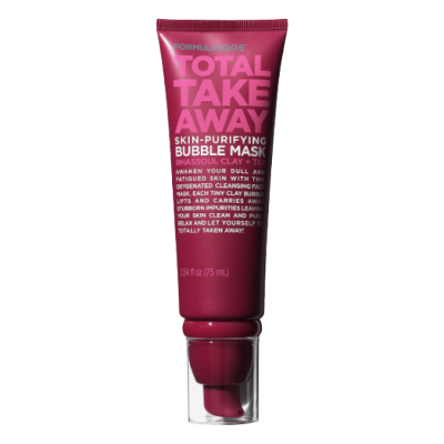 Bright pink tube of Formula 10.0.6 Total Take Away Skin Purifying Bubble Mask, featuring white text and a pump applicator, labeled for purifying dull skin with clay.
