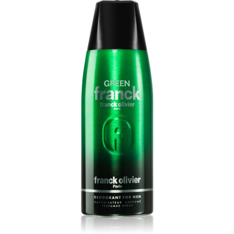 Green cylindrical deodorant spray bottle with a sleek metallic finish, featuring "Franck Olivier" and "Green" in bold lettering, designed for men, 250ml capacity.