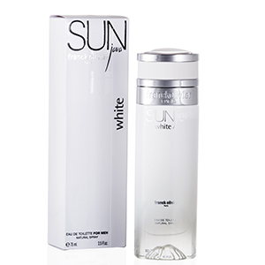 Transparent bottle of Frank Olivier Sun Java Eau De Toilette for men, 2.5 oz, with a silver cap, next to a sleek white box featuring the brand name in bold black lettering.