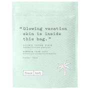 Mint green packaging with a textured chevron pattern, featuring white text and a palm tree graphic, labeled "Coconut Coffee Scrub 200g" by Frank Body.