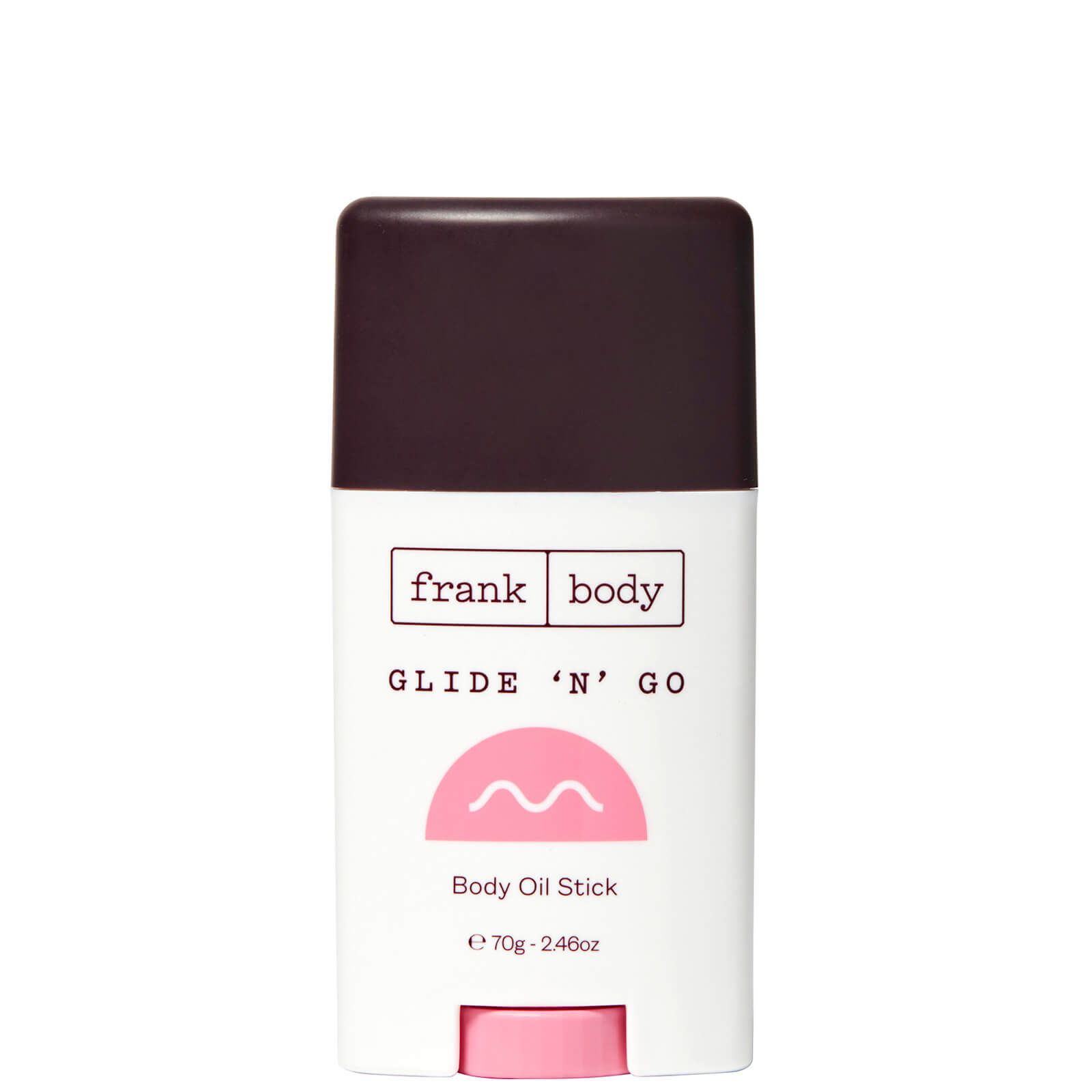 A cylindrical body oil stick with a white base and a dark brown cap, featuring pink accents and the text "frank body GLIDE 'N' GO" on the front.