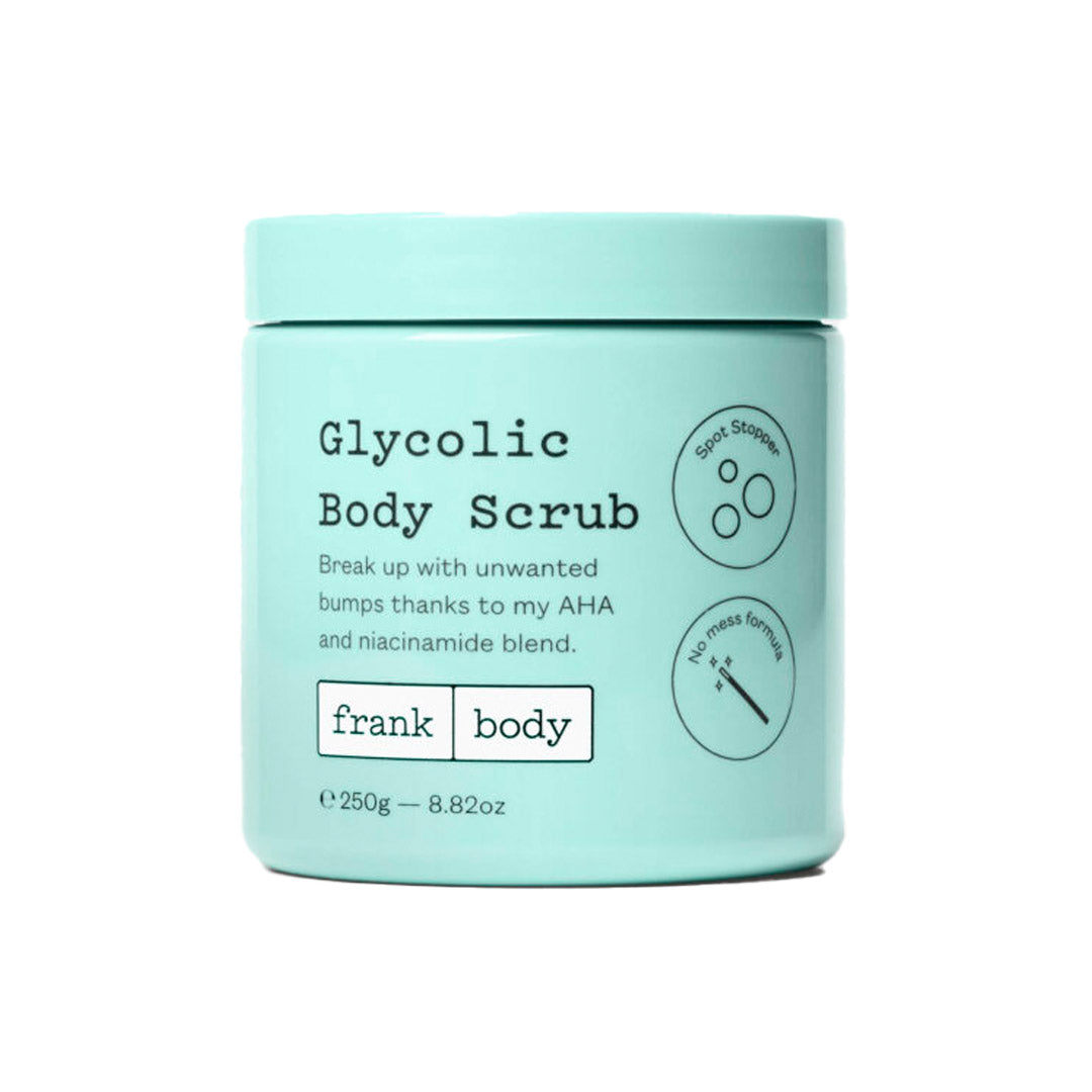 A mint green jar labeled "Glycolic Body Scrub" by Frank Body, featuring a minimalist design with black text and icons, containing 250g of product.