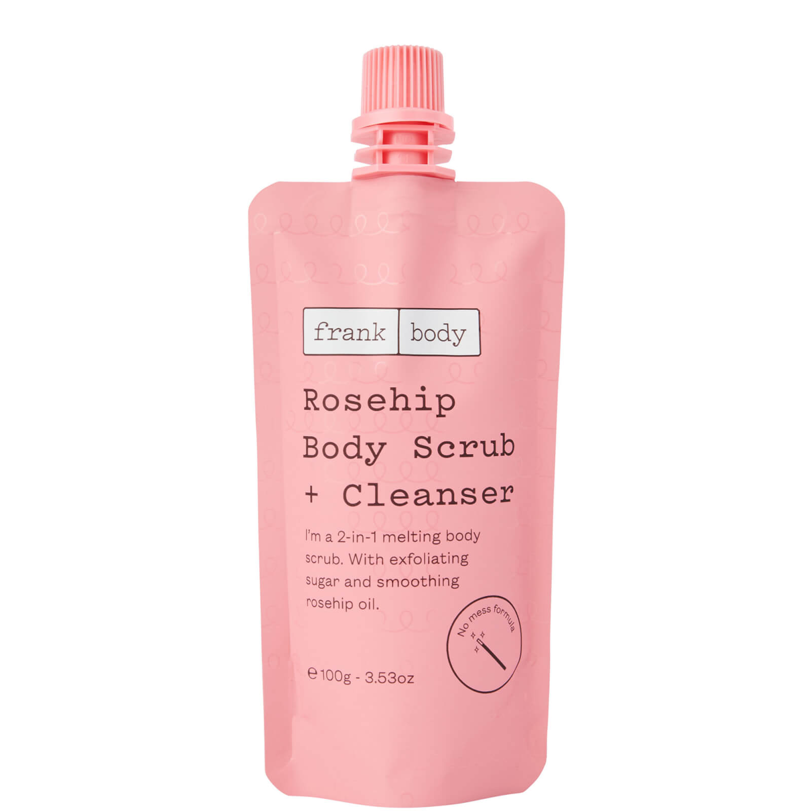 Pink, resealable pouch containing 100g of Frank Body Rosehip Body Scrub + Cleanser, featuring a simple label with black text and a pink cap.