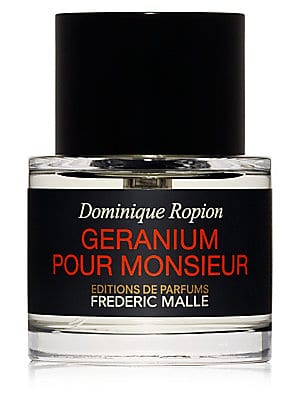 Clear glass bottle with a black cap, featuring a label that reads "Geranium Pour Monsieur" in bold red and white text, designed by Frederic Malle.