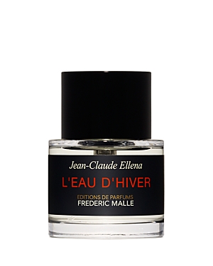 Clear glass bottle with a black cap, featuring a minimalist design and a label that reads "L'Eau D'Hiver" by Frederic Malle, showcasing a unisex fragrance.