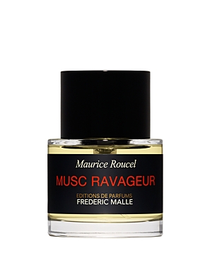 Clear glass bottle with a black cap, featuring a label in black and gold text that reads "MUSC RAVAGEUR" and "EDITIONS DE PARFUMS FREDERIC MALLE," containing a light yellow fragrance.