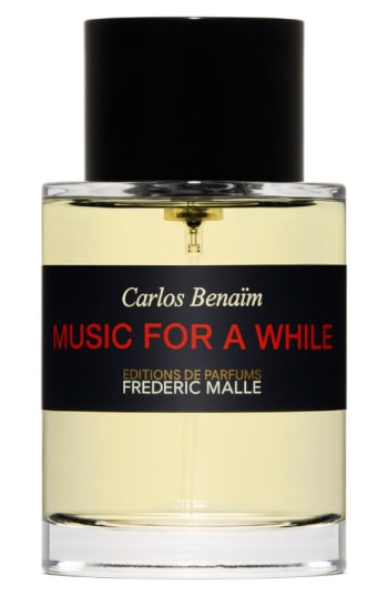 Clear glass bottle with a black cap, featuring a label that reads "MUSIC FOR A WHILE" in bold white text, and "EDITION DE PARFUMS FREDERIC MALLE" in smaller print.