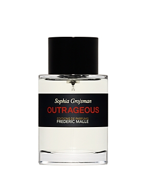 Clear glass bottle with a black cap, featuring a bold black label that reads "OUTRAGEOUS" in red text, designed by Frederic Malle, 100ml Eau de Toilette.