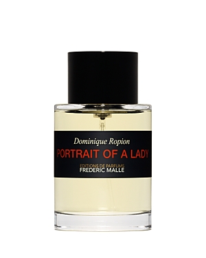 Clear glass bottle with a black cap, featuring a label that reads "Portrait of a Lady" in bold black text, showcasing the light yellow perfume inside.