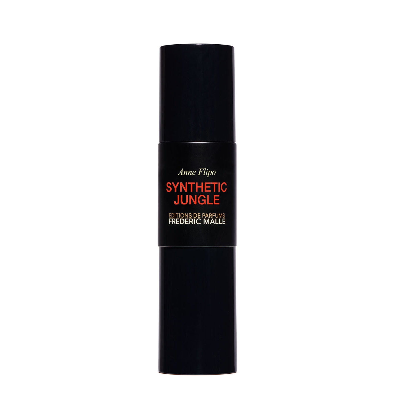Black cylindrical bottle of Frederic Malle Eau De Parfum Sintetico Jungle, featuring bold red text on a matte surface, with a sleek, modern design.