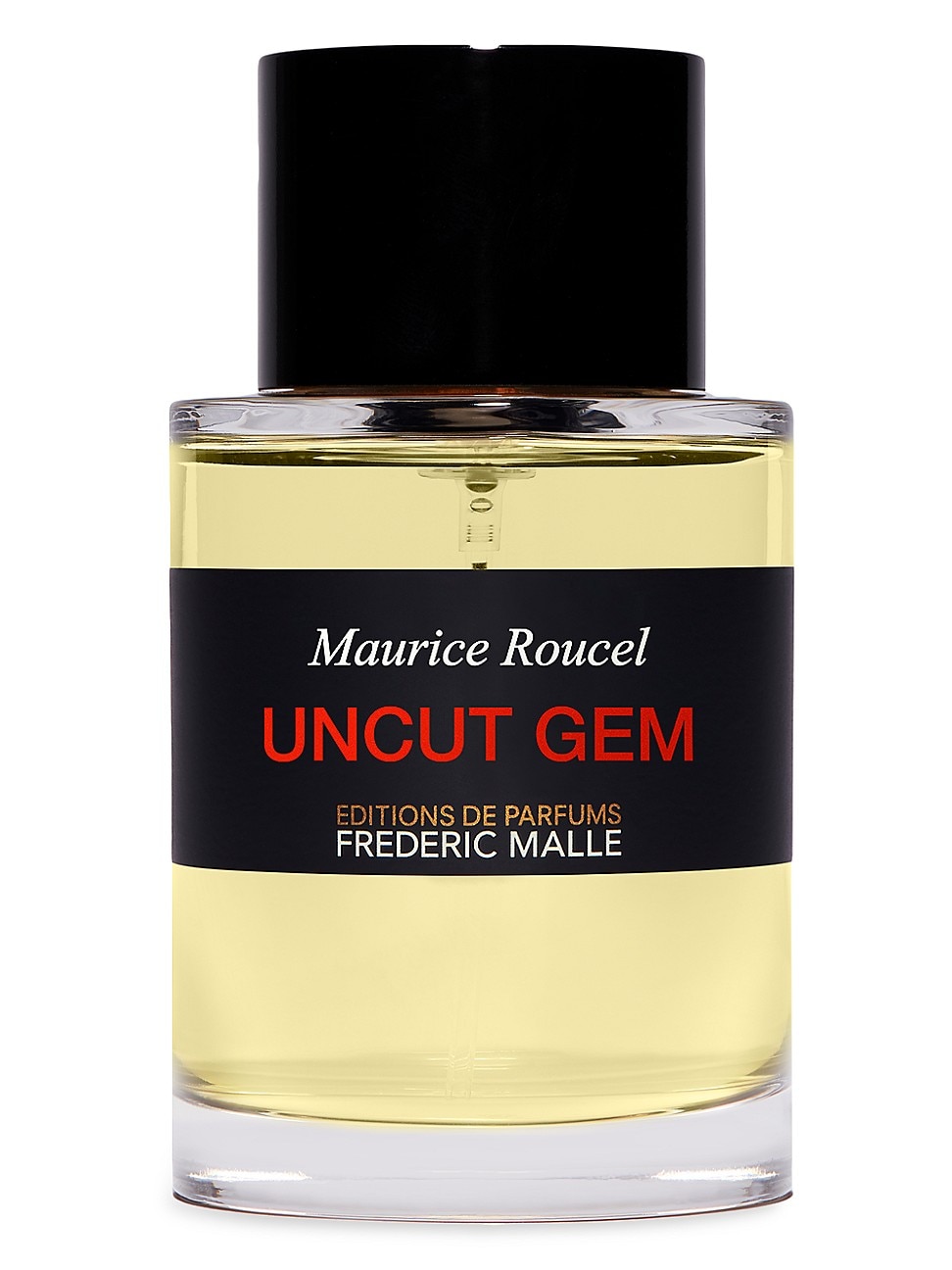 Clear glass bottle with a black cap, featuring a black label that reads "UNCUT GEM" in bold red letters, containing a pale yellow unisex eau de parfum by Frederic Malle.