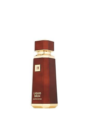 Amber-hued hexagonal bottle with gold accents, featuring "LIQUID BRUN" and "LIMITED EDITION" labels, showcasing a luxurious unisex perfume extract.