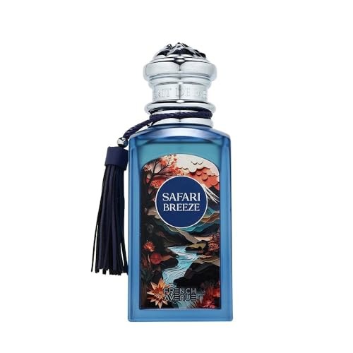 Blue glass bottle with a decorative label featuring a scenic design, silver cap, and a navy tassel, containing 100 ml of unisex Safari Breeze perfume extract by French Avenue.
