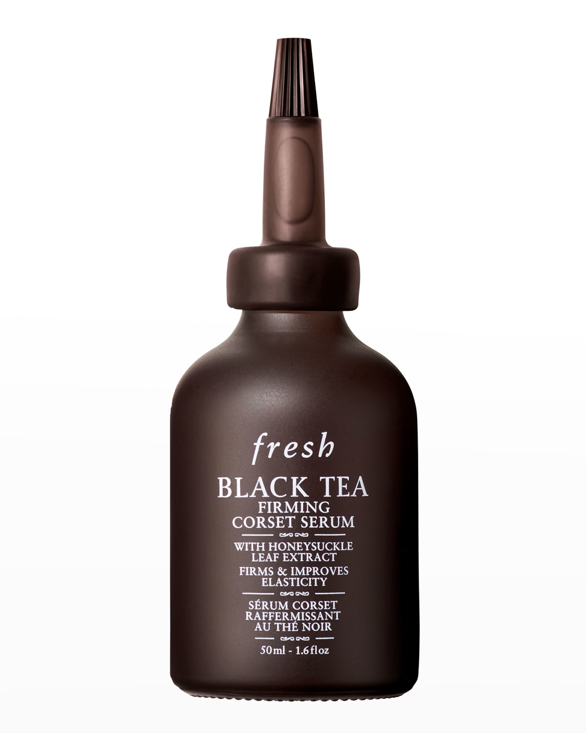 Dark brown glass bottle with a dropper top, labeled "Fresh Black Tea Firming Corset Serum," featuring a sleek design and 50ml capacity.