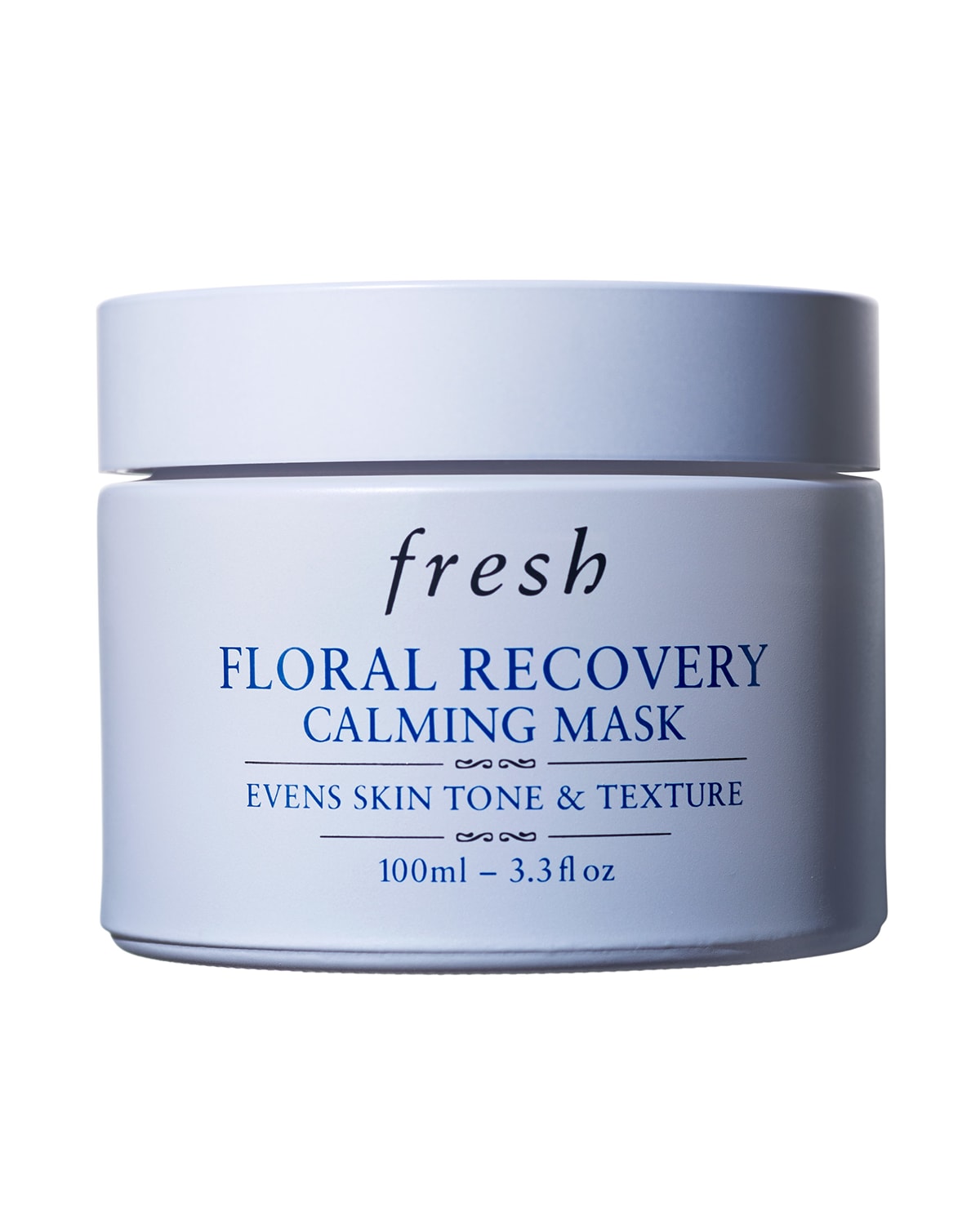 Light blue round jar with a white lid, labeled "FRESH Floral Recovery Calming Mask," featuring elegant navy text and indicating 100ml volume for skin tone and texture improvement.