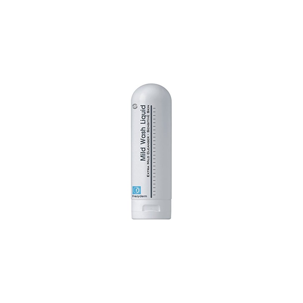 White, squeeze bottle of Frezyderm Mild Wash Liquid for sensitive skin, featuring a blue logo and clear measurement markings on the side, containing 200ml of product.