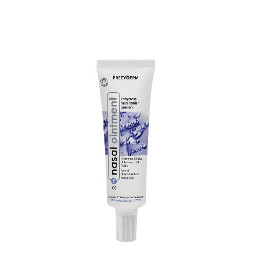 White tube of FREZYDERM Nasal Ointment with a blue and white label, featuring the product name and key benefits, designed for nasal care.