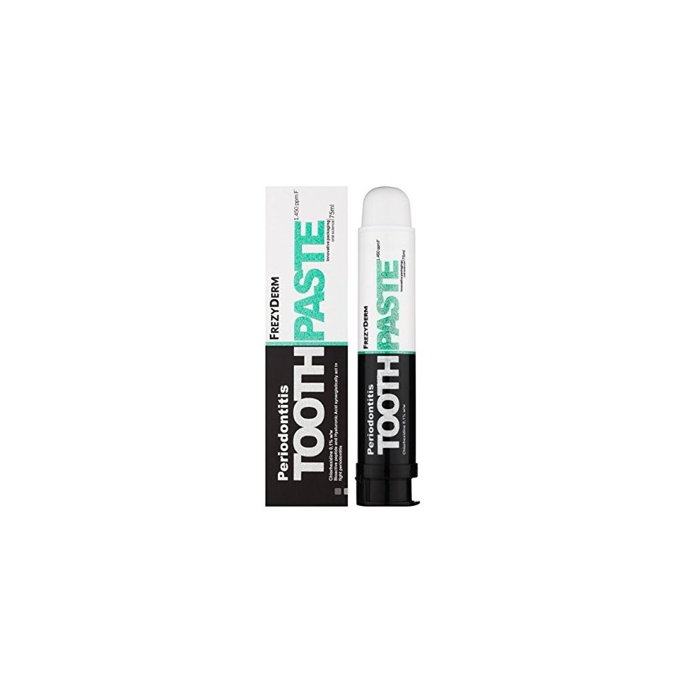 Frezyderm Periodigum Toothpaste in a sleek black and white tube with a green accent, packaged in a matching box, designed for periodontal care.