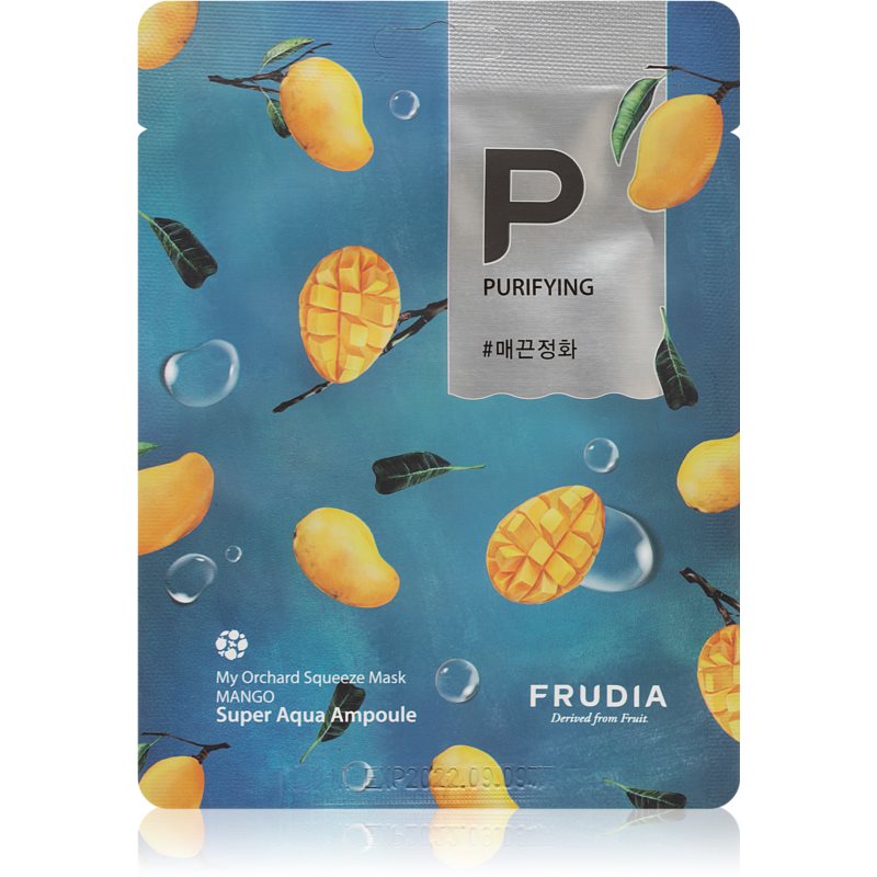 Bright blue fabric mask packaging featuring vibrant mango illustrations, water droplets, and the letter "P" for purifying, labeled as Frudia My Orchard Mango Nourishing Face Mask.