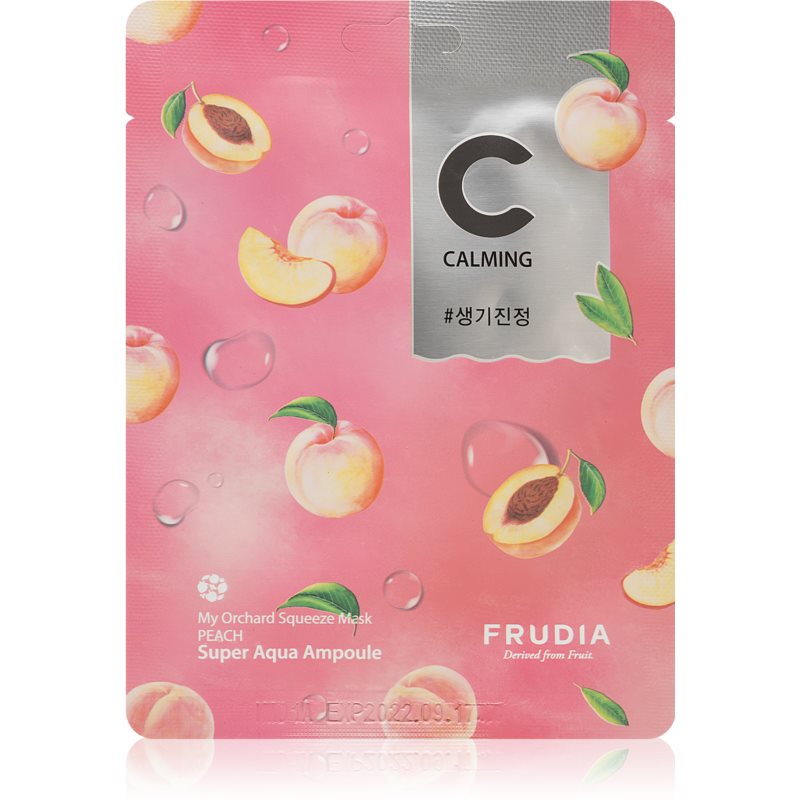 Bright pink fabric face mask packet featuring peach illustrations and water droplets, labeled "C Calming" and "Frudia My Orchard Squeeze Mask."