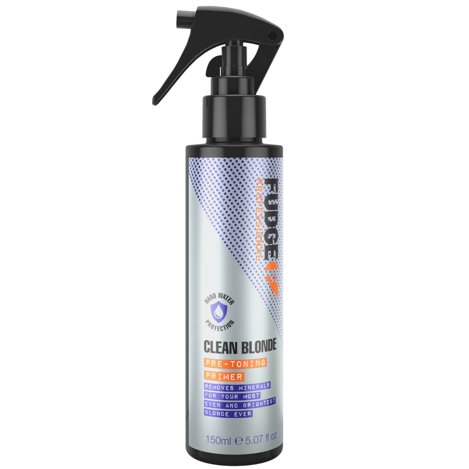 Clear spray bottle with a black pump top, featuring a metallic silver and blue design, labeled "FUDGE Clean Blonde Pre-Toning Primer 150ml" for hair toning.