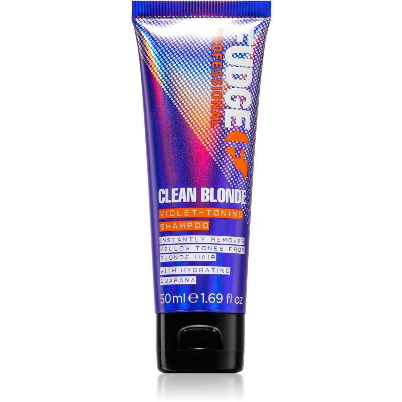 Violet-toned shampoo in a 50ml squeeze tube, featuring a colorful design with blue and orange accents, labeled "Clean Blonde" for toning blonde hair.