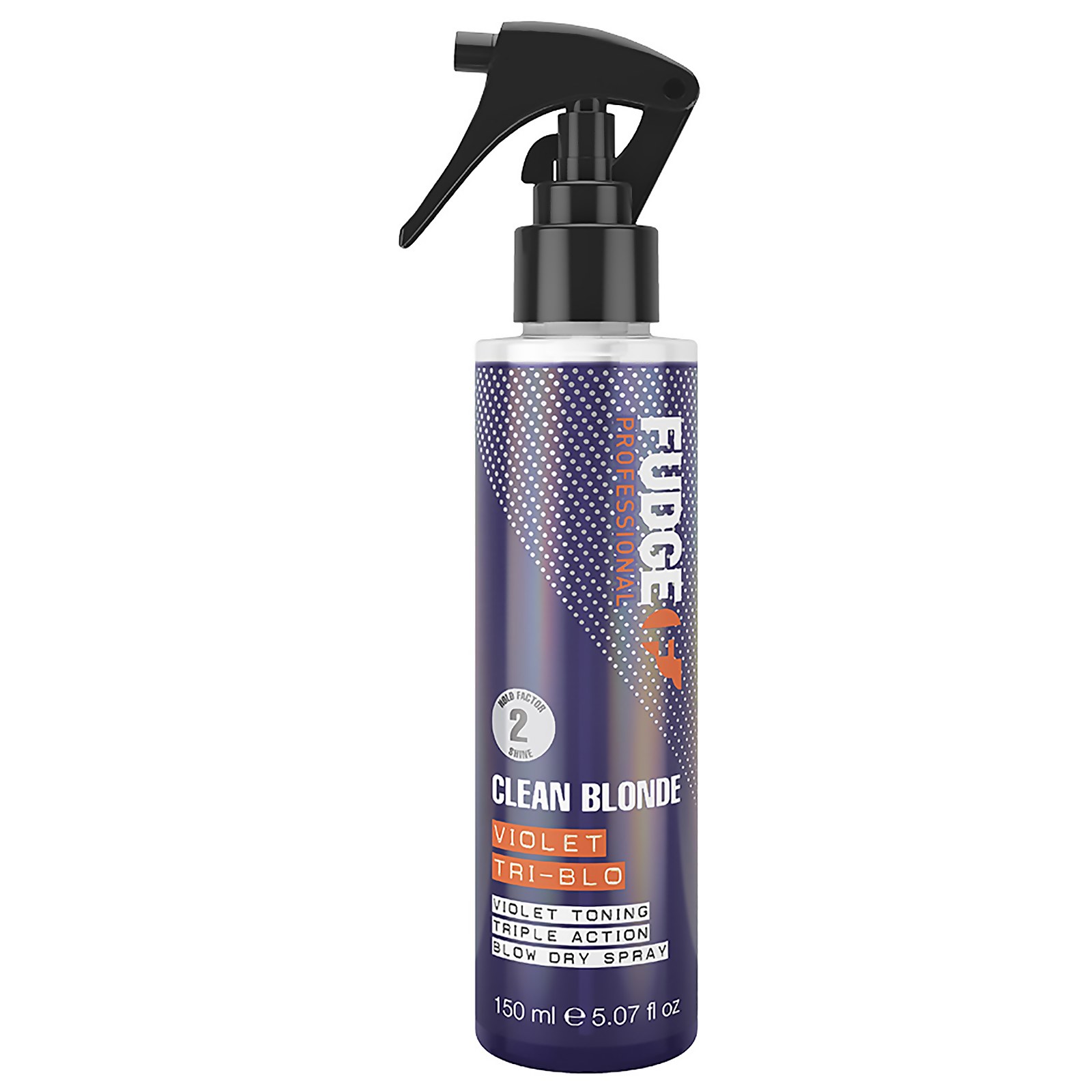 Purple spray bottle with a black spray nozzle, featuring a vibrant design and text indicating it's a heat protecting violet toning blow dry spray, 150ml by Fudge Professional.