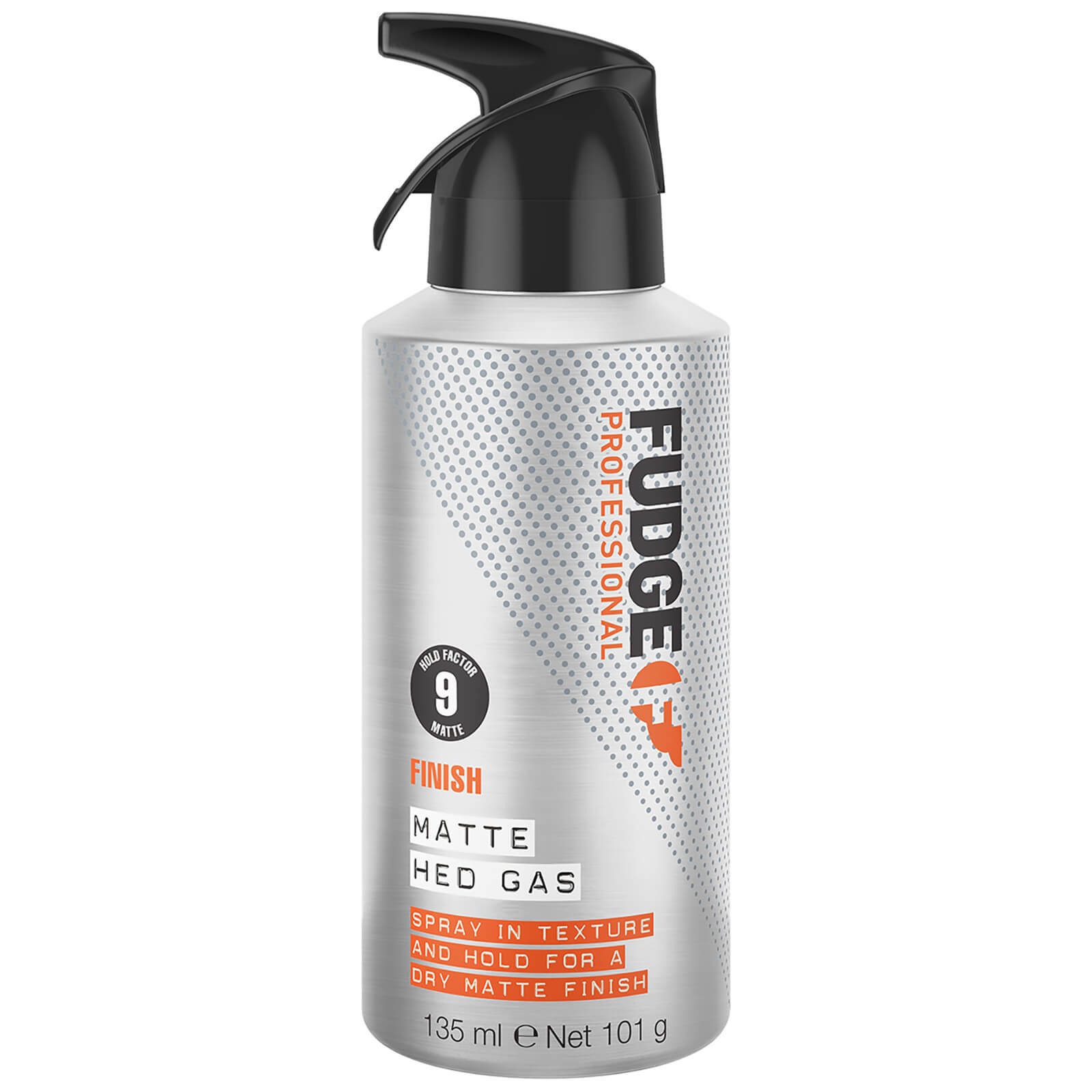 Silver spray bottle with a black pump top, labeled "Fudge Professional Matte Hed Gas," featuring a matte finish and text indicating strong hold and texture for hair styling.