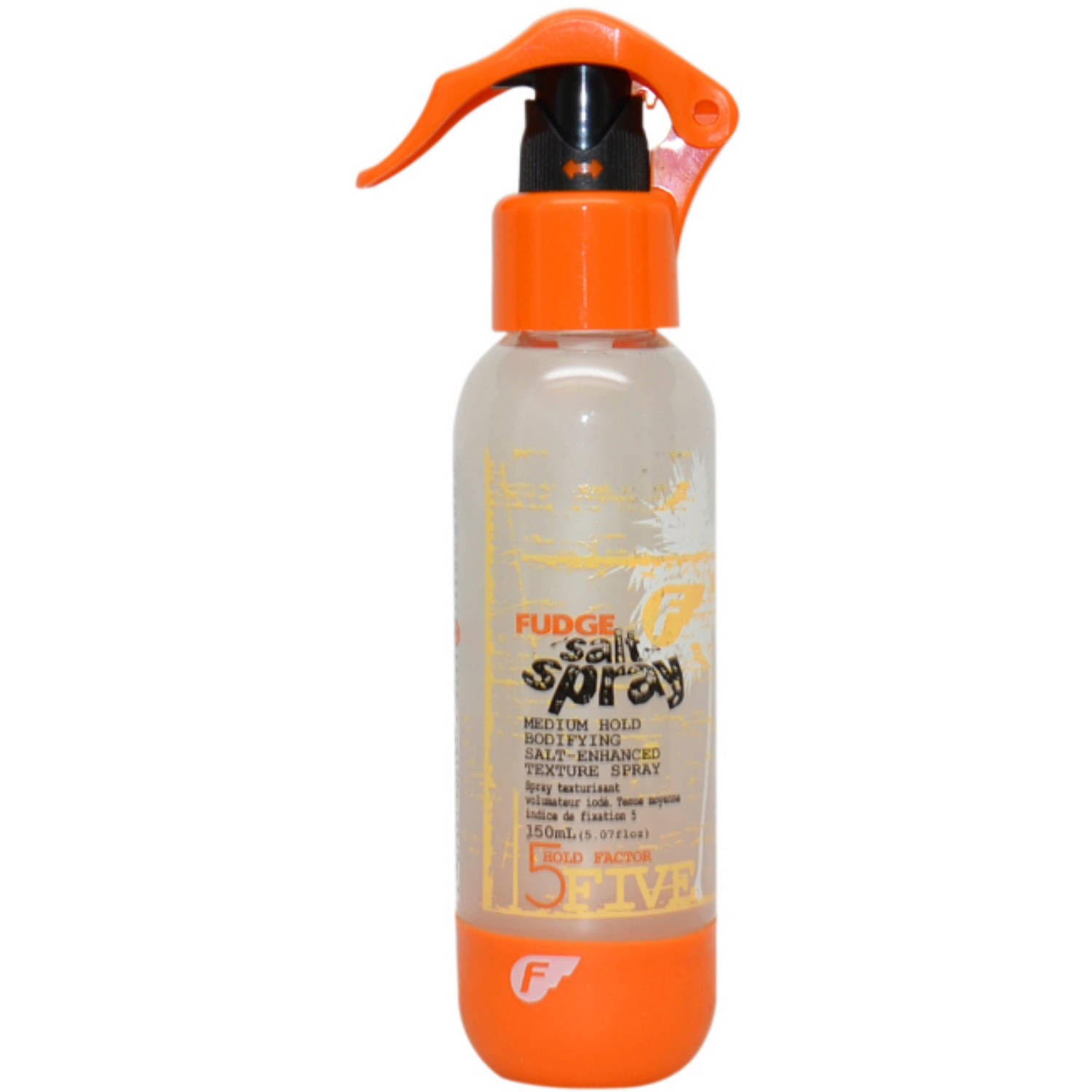 Clear spray bottle with an orange pump top, featuring the label "Fudge Salt Spray Medium Hold Texture Spray" in bold lettering, 150ml size, with a textured finish.