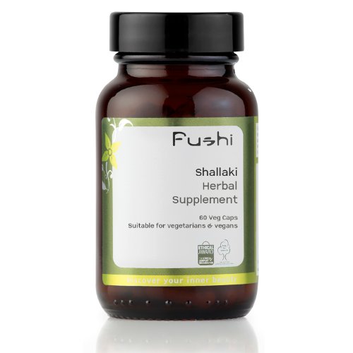 Brown glass bottle with a black lid, labeled "Fushi Shallaki Herbal Supplement," containing 60 vegan capsules, featuring a green and white design with floral accents.