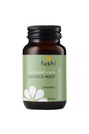 Brown glass bottle with a green label featuring the Fushi logo, labeled "Organic Burdock Root 333mg Veg Caps 60," showcasing a floral design and supplement details.