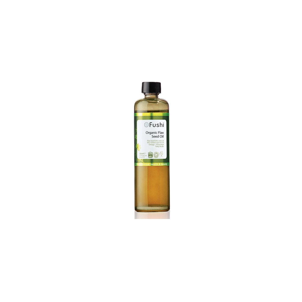 Transparent bottle of Fushi Organic Flaxseed Oil, featuring a green and white label with a flip-top cap, showcasing the golden oil inside.