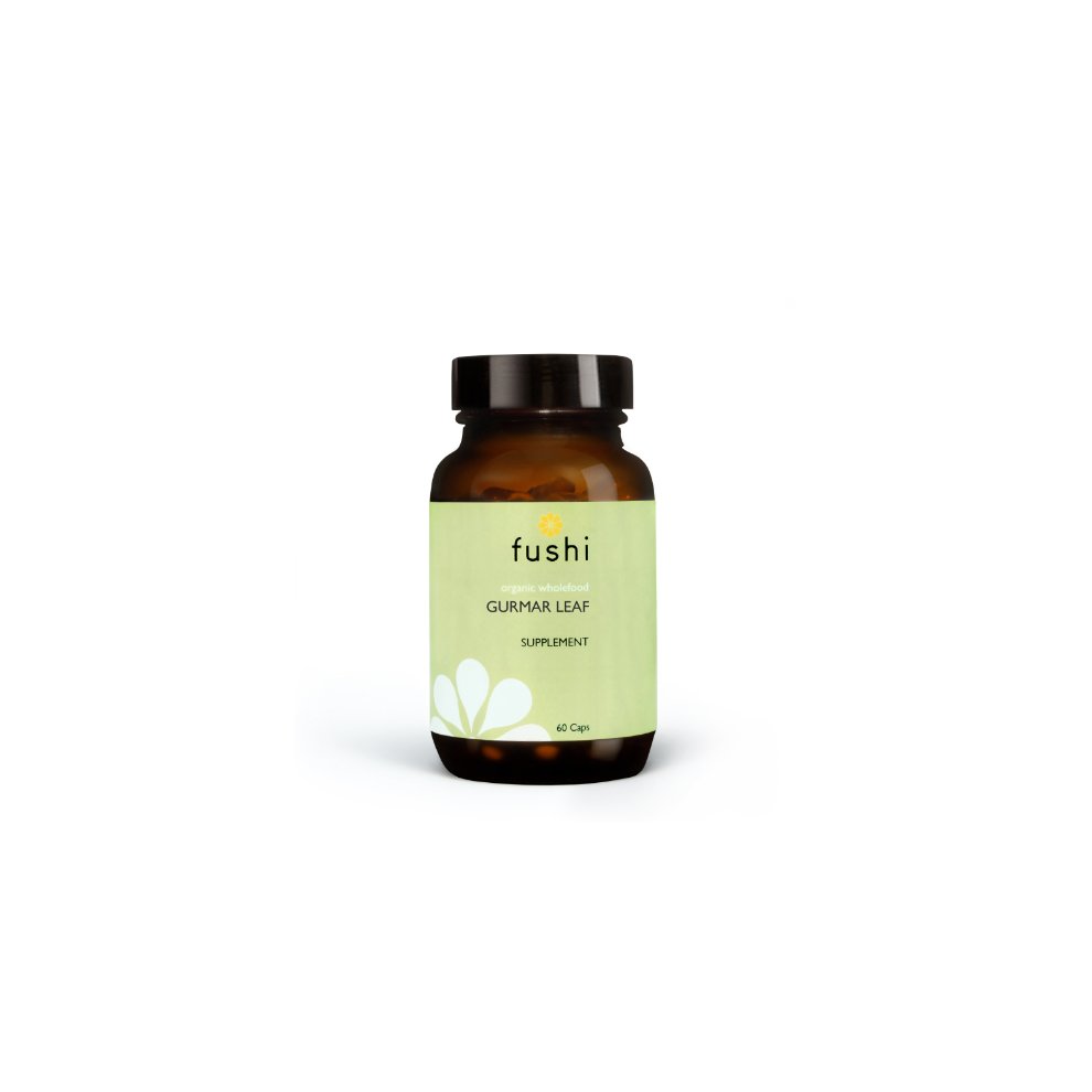Dark amber glass bottle with a black lid, featuring a green label that reads "Fushi Organic Gurmar Leaf Supplement" and contains 60 capsules.