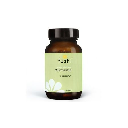 Brown glass bottle with a green label featuring the text "Fushi Milk Thistle Supplement," containing 60 capsules, with a floral design at the bottom.