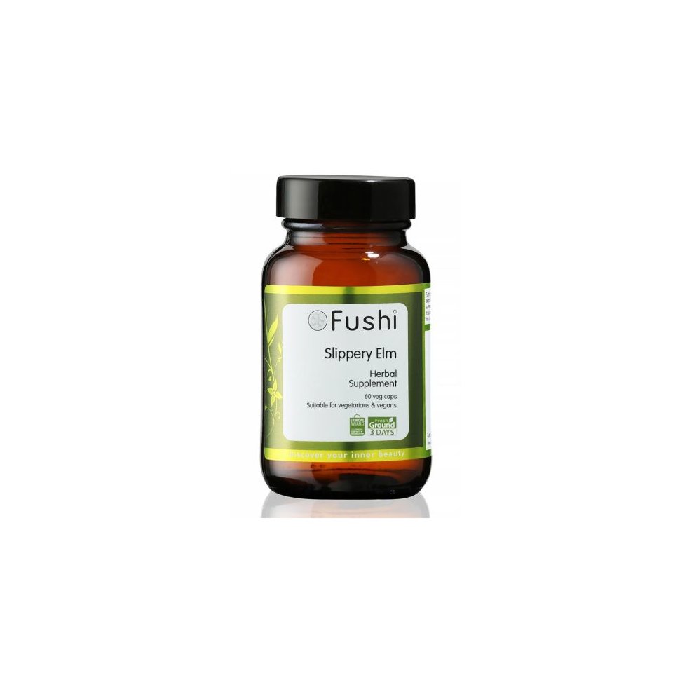 Fushi Wellbeing Slippery Elm Capsules in a dark amber glass bottle with a black lid, featuring a green and white label detailing herbal supplement information.