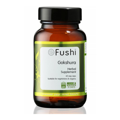 Amber glass bottle with a green label, containing "Fushi Organic Tribulus (Gokshura)" herbal supplement, featuring 60 vegan capsules and a logo with a leaf design.