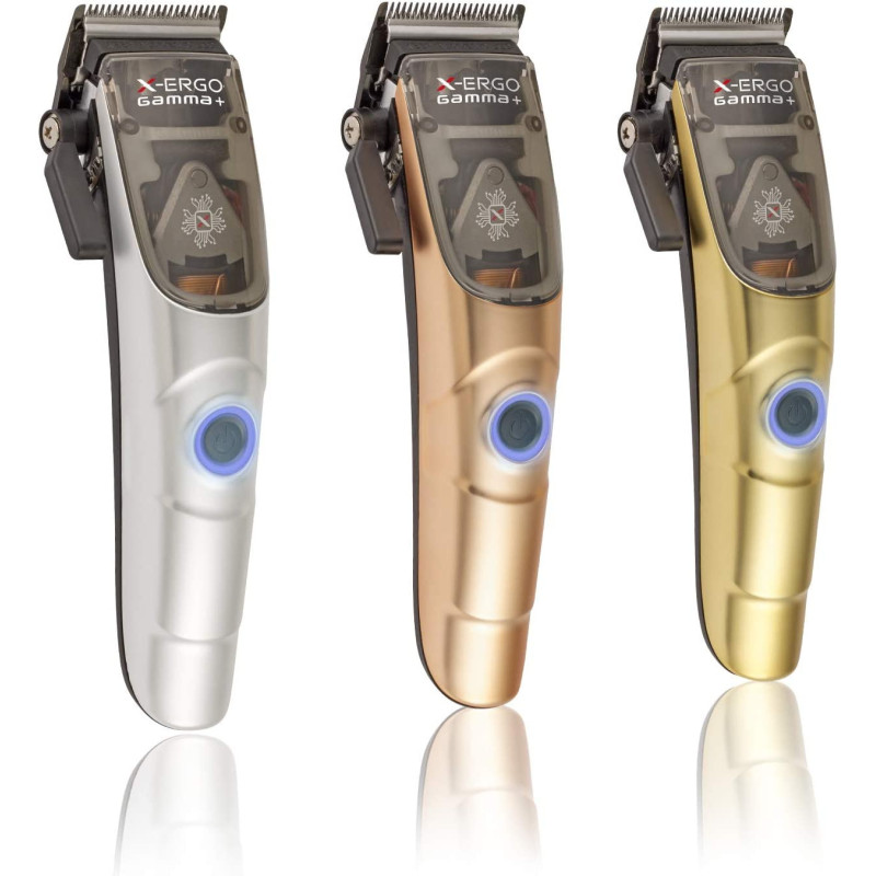 Gamma+ X-Ergo Clipper features a sleek design in silver, rose gold, and gold, with a turbocharged magnetic motor and a blue power button for enhanced performance.