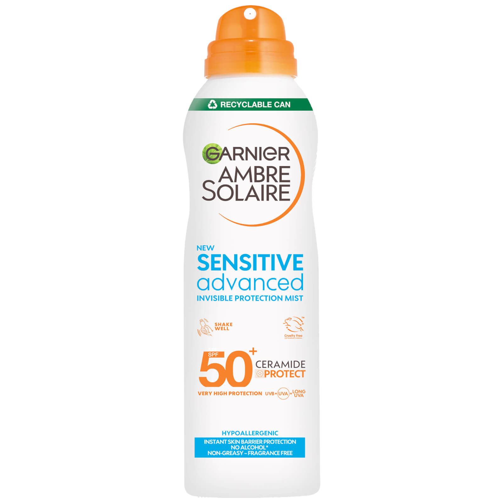 White spray can with an orange cap, labeled "Garnier Ambre Solaire Sensitive Advanced Face Mist SPF 50+" featuring blue text and a sun icon, indicating high UV protection for sensitive skin.