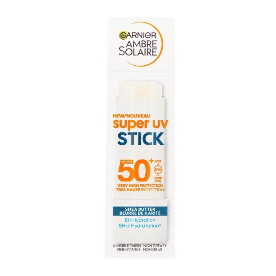 Debenhams Ambre Solaire Super UV Invisible Stick SPF 50+ in a white and blue tube, featuring shea butter for hydration and labeled for very high sun protection.