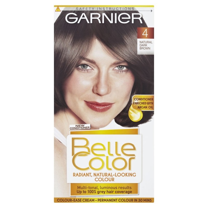 Belle Color Hair Colour in Natural Dark Brown 4 by Garnier, featuring a woman with shiny, dark brown hair, and packaging highlighting multi-tonal color and argan oil enrichment.
