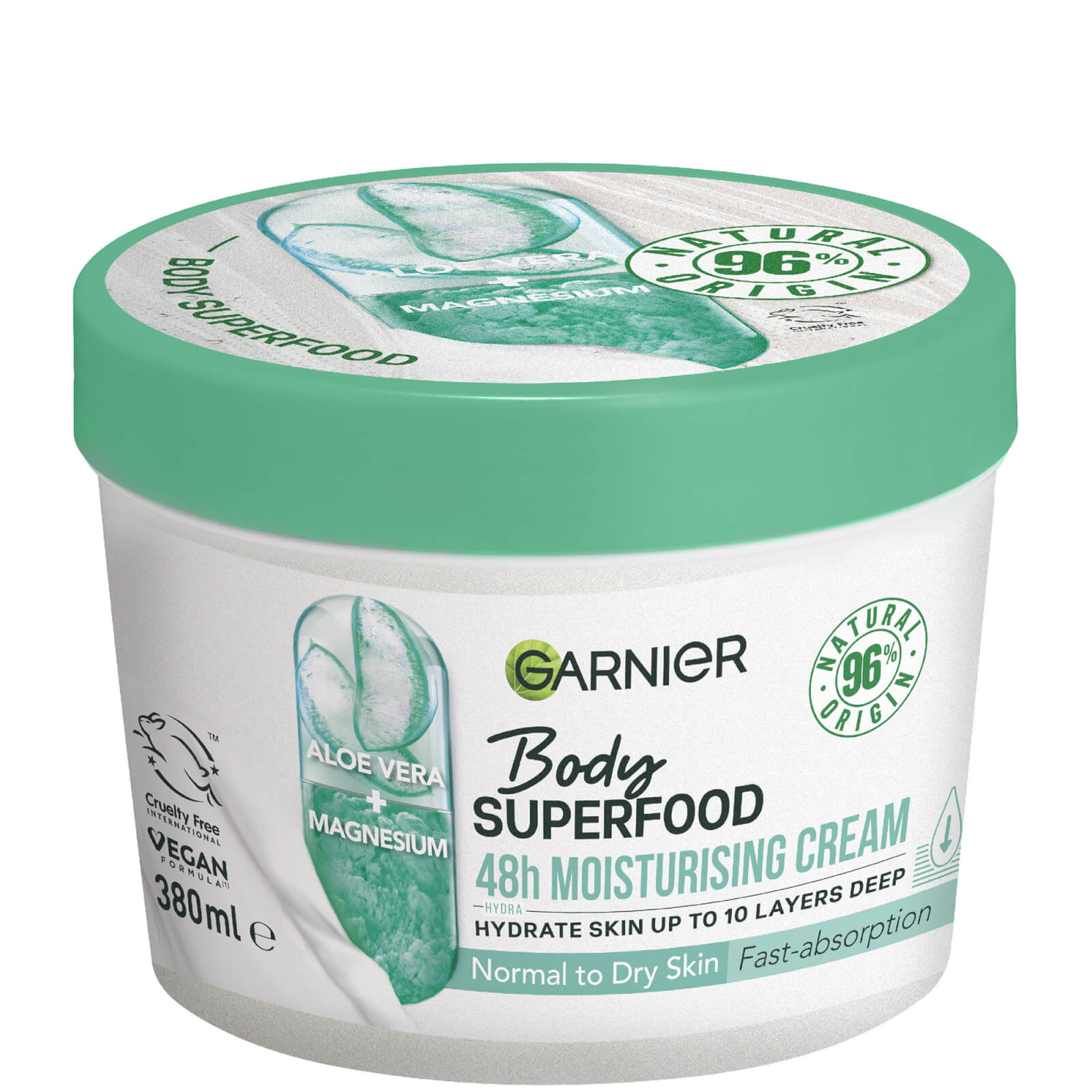 Green and white container of Garnier's Debenhams Unisex Body Superfood Aloe, featuring aloe vera and magnesium, labeled as 48-hour moisturizing cream for normal to dry skin.