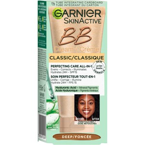Garnier Skinactive BB Cream Classic tube in dark shade, featuring hyaluronic acid and aloe, with a green and gold design, highlighting "Before" and "After" images on the packaging.