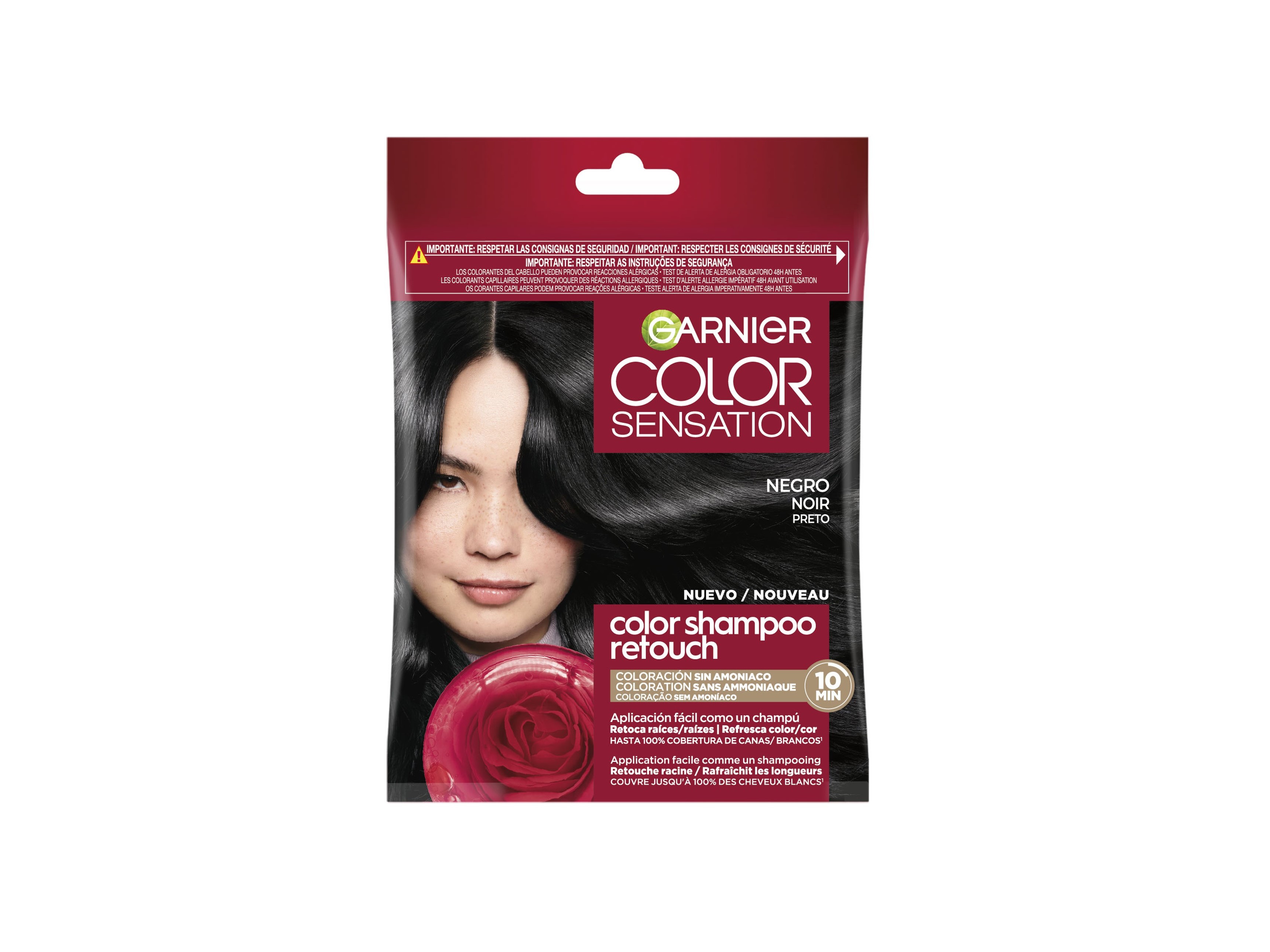 Garnier Color Shampoo Retouch in black packaging features a model with glossy black hair, highlighting 100% white hair coverage and lasting up to 4 weeks.