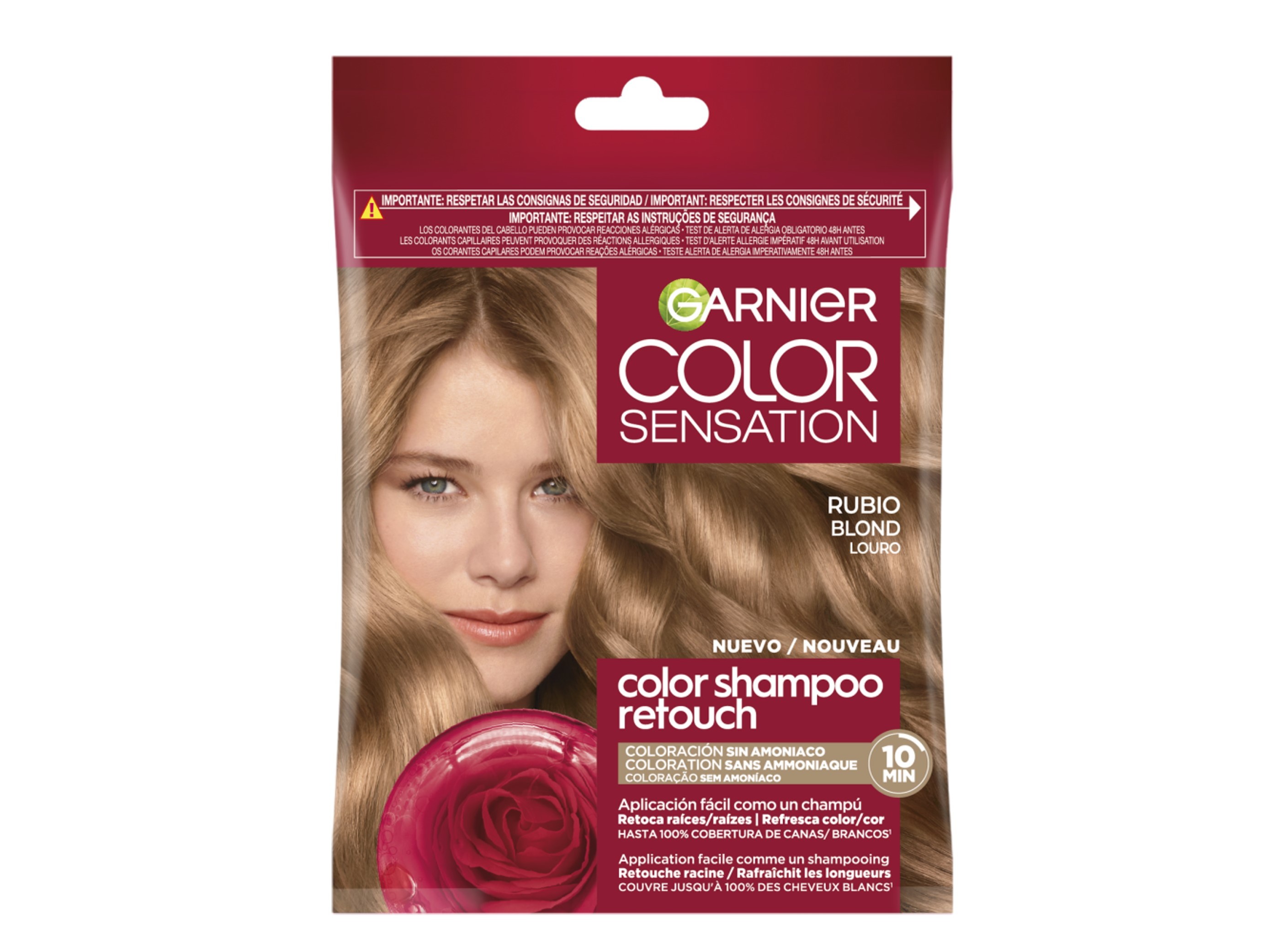 Garnier Color Sensation Shampoo #7.0 blonde packaging features a model with long, wavy blonde hair, a pink background, and a prominent red rose graphic.