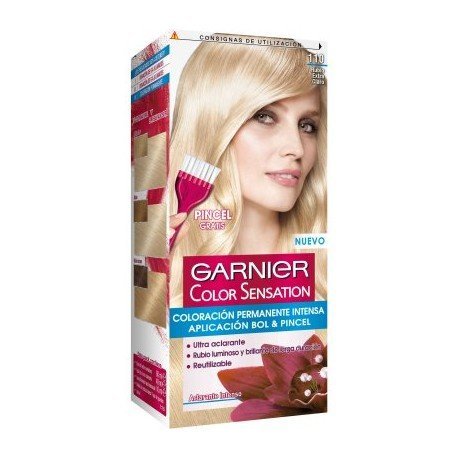 Garnier Color Sensation 110 Extra Light Blonde hair dye box featuring a model with long, blonde hair, a pink application brush, and instructions on a colorful package.