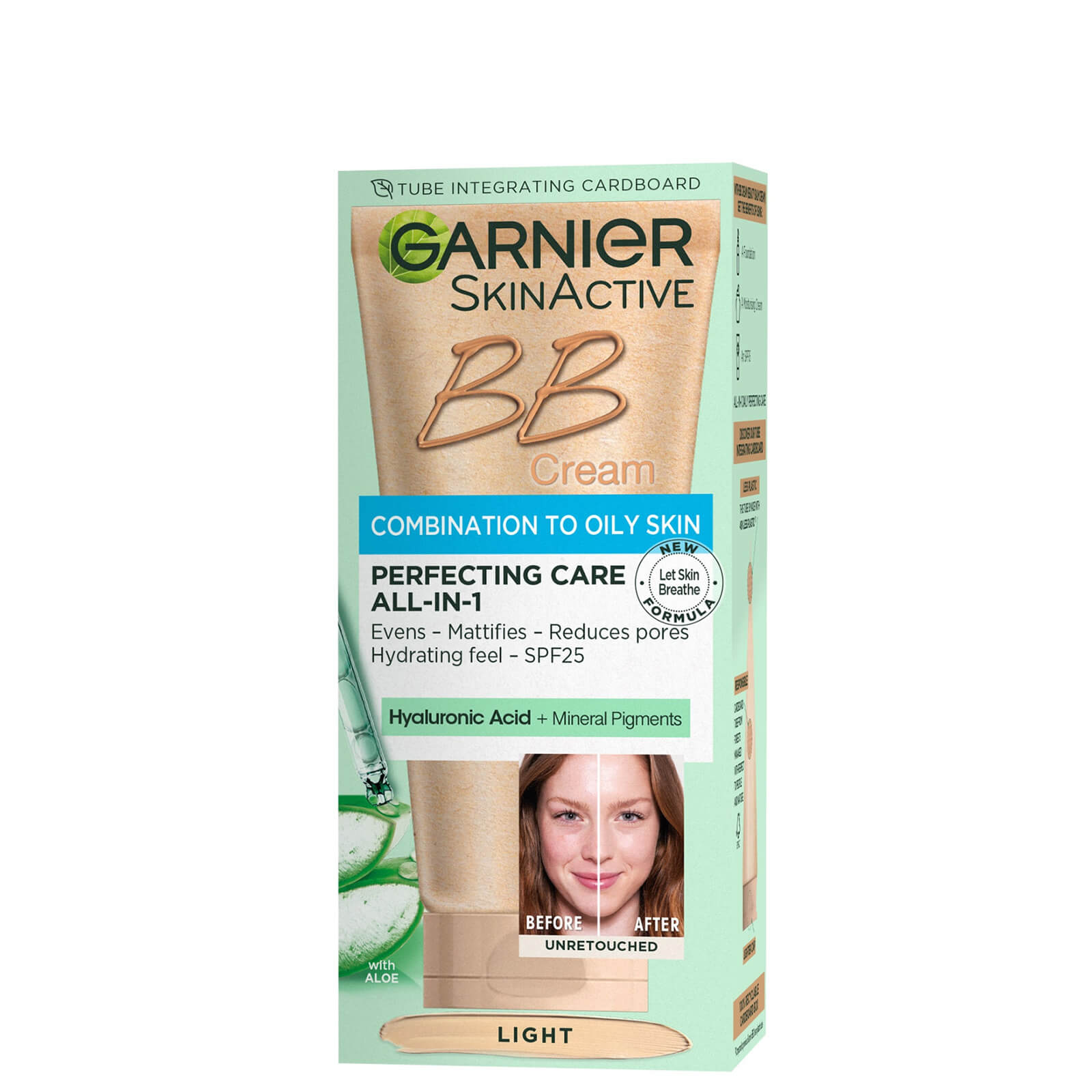 Garnier SkinActive Oil-Free BB Cream in a light beige tube, featuring SPF 25, hyaluronic acid, and mineral pigments, packaged in a green and beige box.