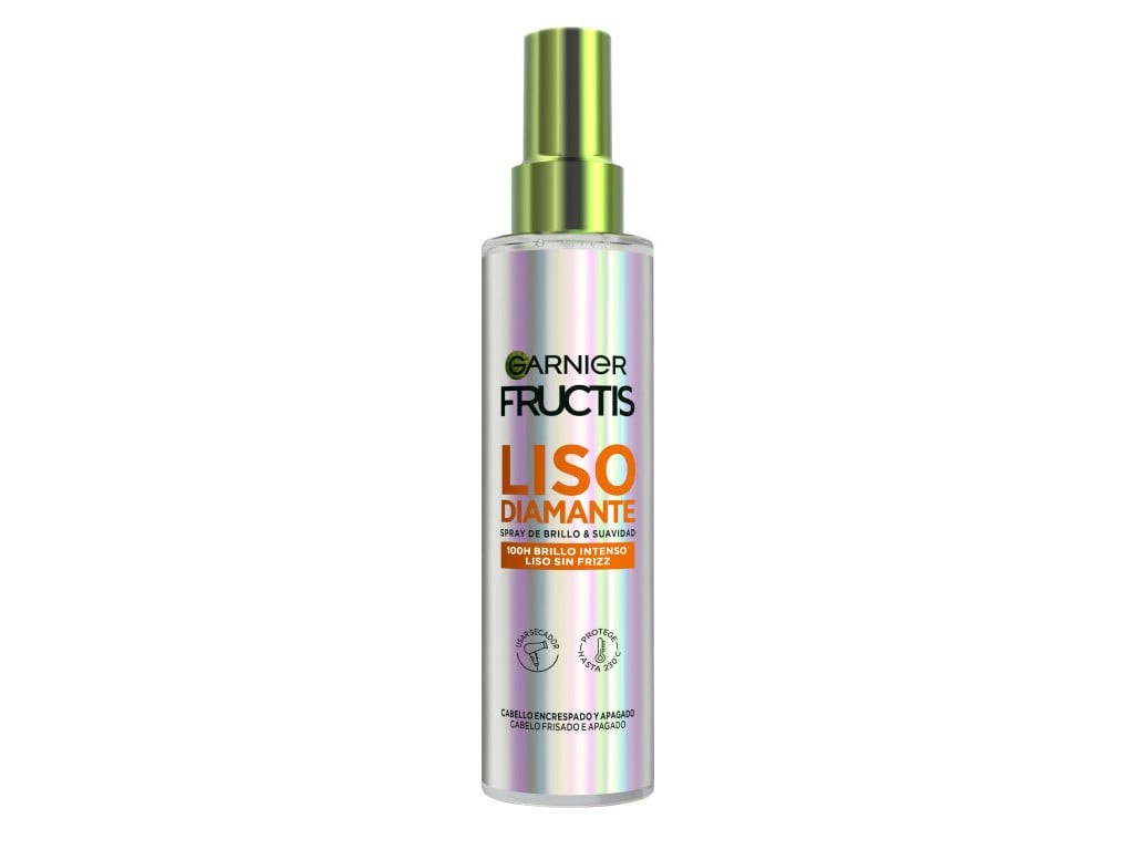 Clear spray bottle with a metallic finish, featuring a green pump top and labeled "Sérum Spray Fructis Liso Diamante" in bold orange and black text, 150ml size.