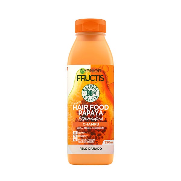 Garnier Fructis Hair Food Papaya Repair Shampoo in a 350 ml orange bottle, featuring a vibrant papaya graphic and text highlighting its nourishing and repairing properties.
