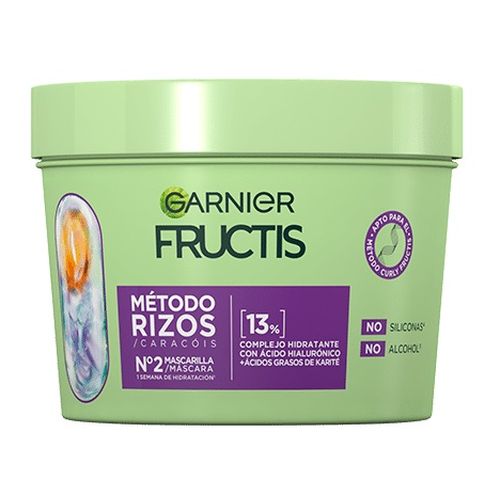 Green container of Garnier Fructis Method Curly Mask, 370 ml, featuring a colorful label with a purple and orange swirl, highlighting moisturizing ingredients and free from silicones and alcohol.