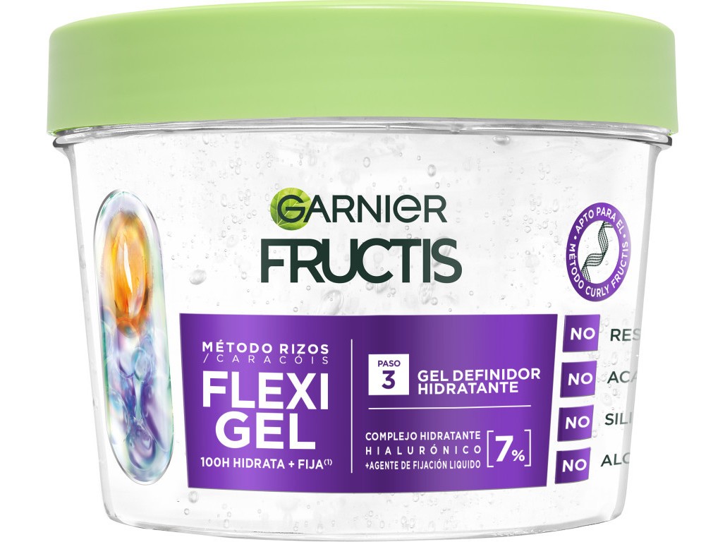 Clear plastic container with a green lid, labeled "Garnier Fructis Método Rizos/Caracóis," containing 370ml of hydrating curl defining gel with a colorful swirl design.